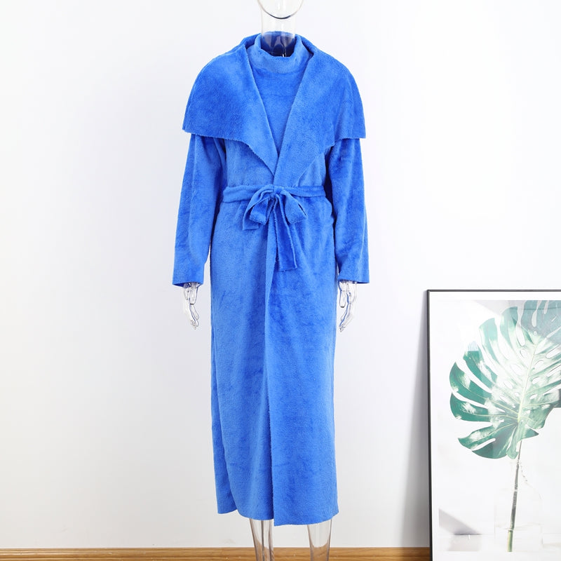 Belt Coral Fleece Women Long Cardigan Dress 2 Piece Set Autumn Full Sleeve Lapel Coat M B-32015 - Tuzzut.com Qatar Online Shopping