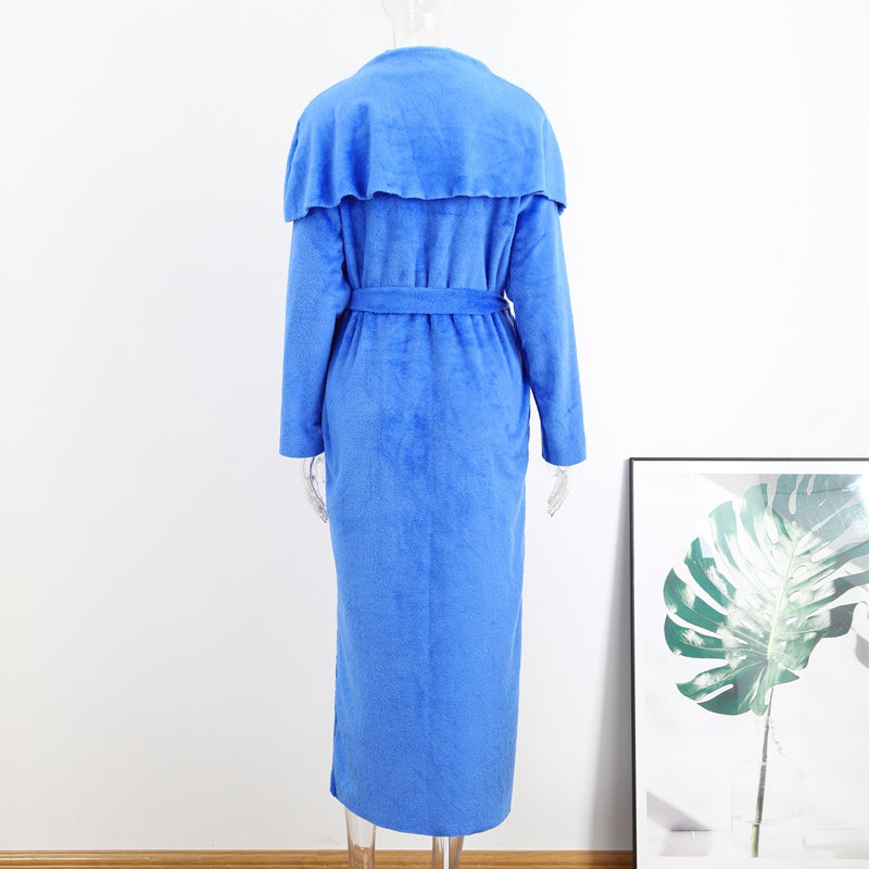 Belt Coral Fleece Women Long Cardigan Dress 2 Piece Set Autumn Full Sleeve Lapel Coat M B-32015 - Tuzzut.com Qatar Online Shopping