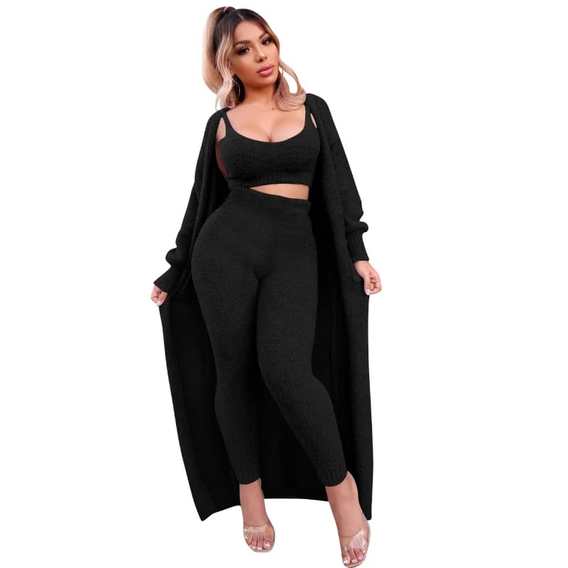 Solid Fuzzy 3 Piece Set Women Sexy Camisole Crop Top Full Sleeve Open Stitch Long Coat Cardigan High Waist Pencil Pants Suit - B-42677