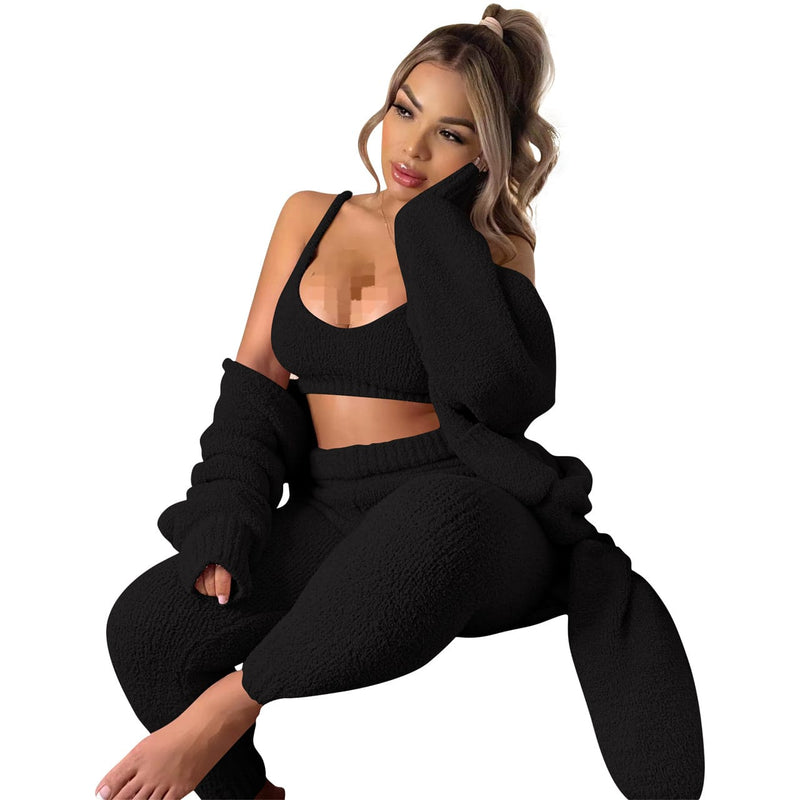 Solid Fuzzy 3 Piece Set Women Sexy Camisole Crop Top Full Sleeve Open Stitch Long Coat Cardigan High Waist Pencil Pants Suit - B-42677