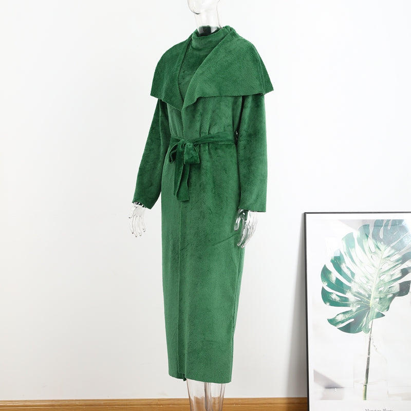 Belt Coral Fleece Women Long Cardigan Dress 2 Piece Set Autumn Full Sleeve Lapel Coat M B-32015 Belt Coral Fleece Women Long Cardigan Dress 2 Piece Set Autumn Full Sleeve Lapel Coat M B-32015