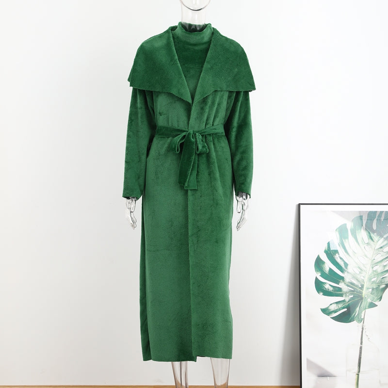 Belt Coral Fleece Women Long Cardigan Dress 2 Piece Set Autumn Full Sleeve Lapel Coat M B-32015 Belt Coral Fleece Women Long Cardigan Dress 2 Piece Set Autumn Full Sleeve Lapel Coat M B-32015