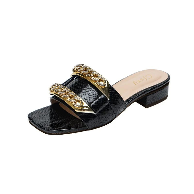 Classic Designer New Women Square heel Flip Flops Double Chain Sandal Slippers 42 - Tuzzut.com Qatar Online Shopping