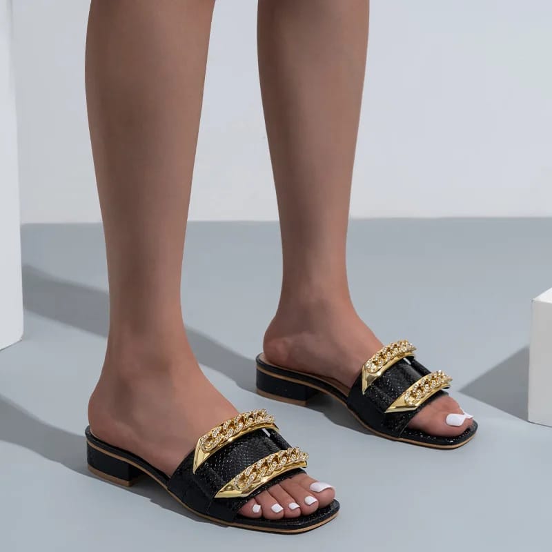 Classic Designer New Women Square heel Flip Flops Double Chain Sandal Slippers 42 - Tuzzut.com Qatar Online Shopping
