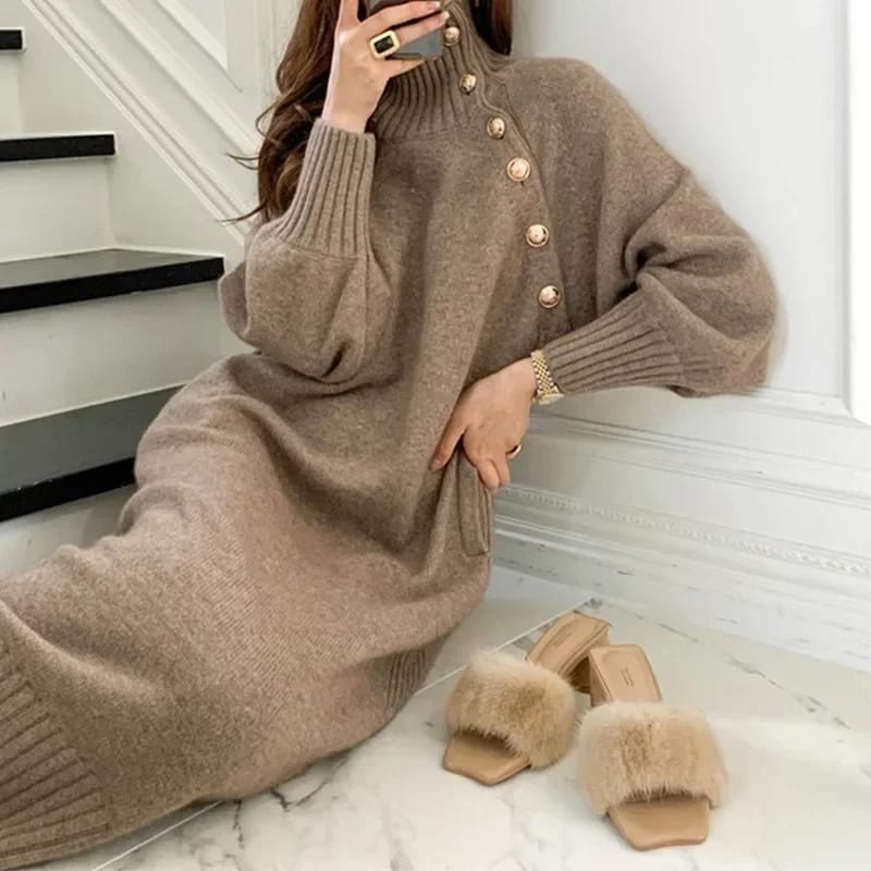 Vintage Turtleneck Buttons Woman Long Sleeve Long Sweater Dresses Winter XL 28020 - Tuzzut.com Qatar Online Shopping