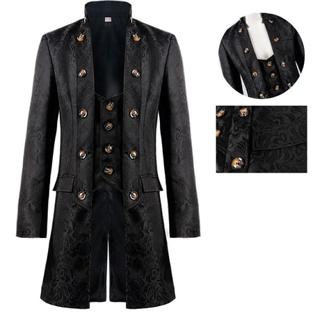 Classic Medieval Men Costume Jacquard Stand Collar Larp Viking Cosplay Jacket Coat 2XL S4854950 - Tuzzut.com Qatar Online Shopping