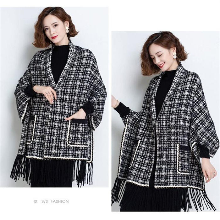 Autumn And Winter New Imitation Mink Velvet Tassel Shawl Women's Plaid Knitted Jacket B-367810 - Tuzzut.com Qatar Online Shopping