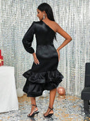 One Shoulder Ruffle Hem Satin Dress S B-367501 - Tuzzut.com Qatar Online Shopping