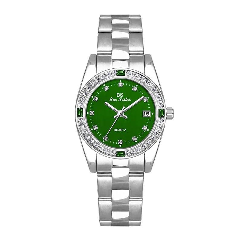 Luxury Green Rhinestone Waterproof Steel Strap Calendar Quartz Watches S149032 - Tuzzut.com Qatar Online Shopping