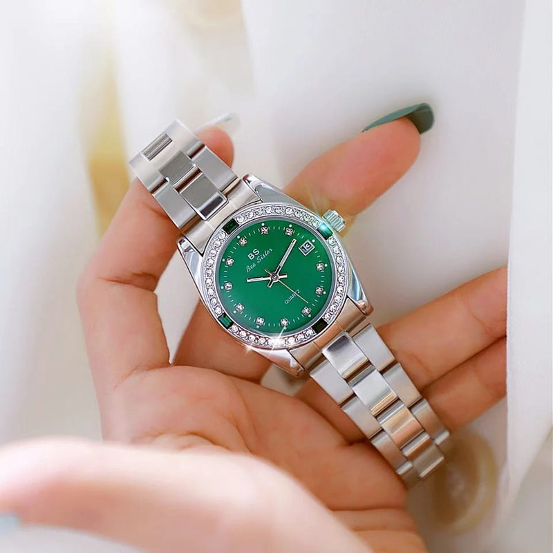 Luxury Green Rhinestone Waterproof Steel Strap Calendar Quartz Watches S149032 - Tuzzut.com Qatar Online Shopping