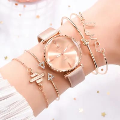 5pcs Set Top Style Fashion Women Watch Luxury Leather Band Quartz WristWatch  W243231 - Tuzzut.com Qatar Online Shopping