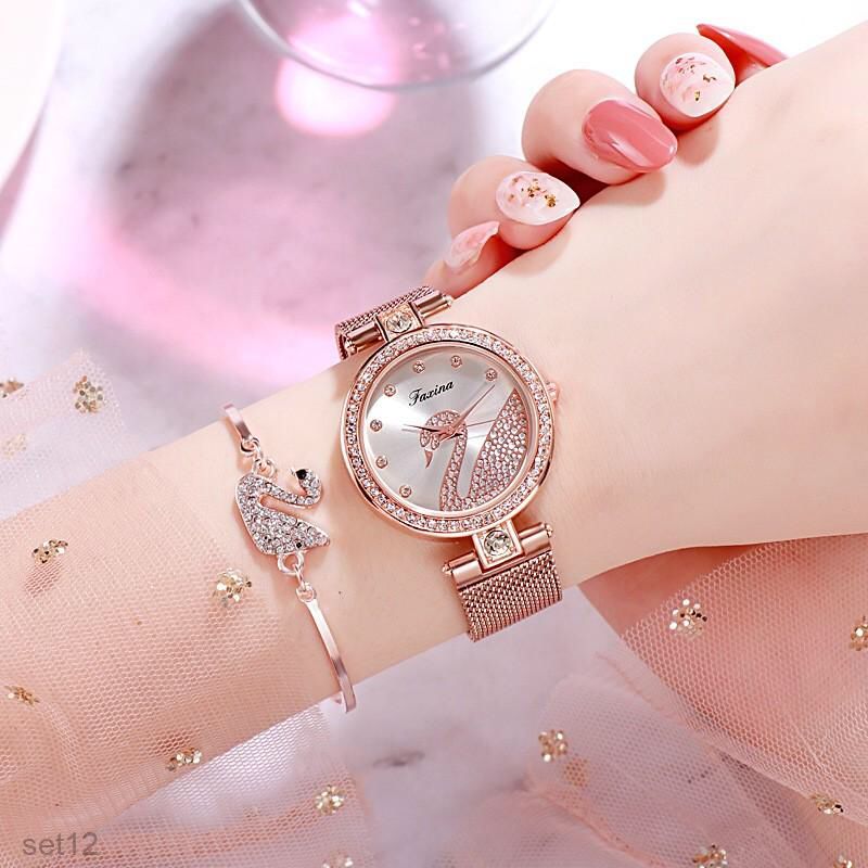 Swan ladies watch set 5 pcs with beautiful box - Tuzzut.com Qatar Online Shopping