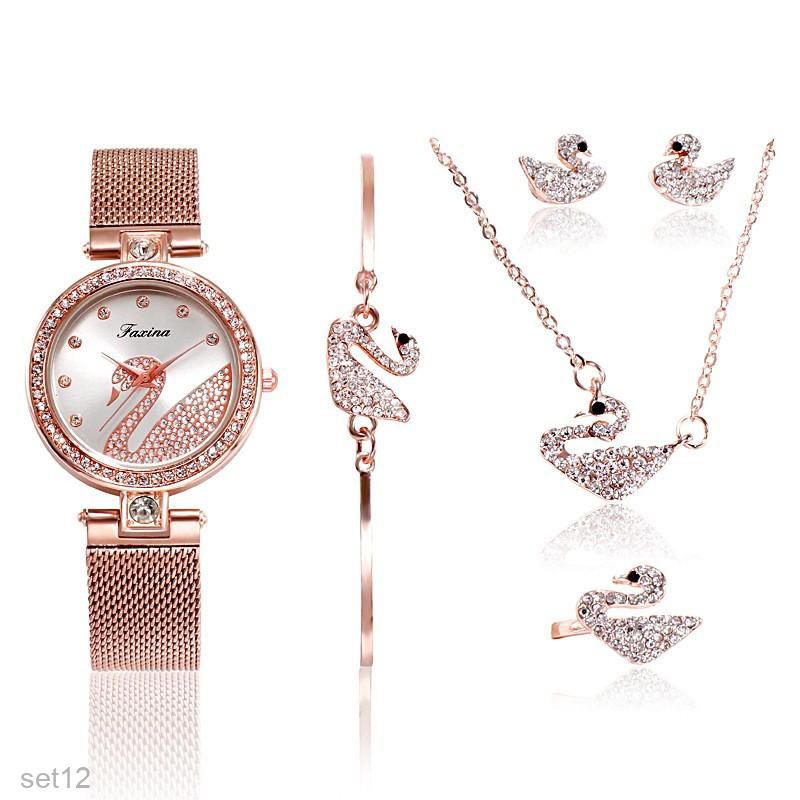 Swan ladies watch set 5 pcs with beautiful box - Tuzzut.com Qatar Online Shopping