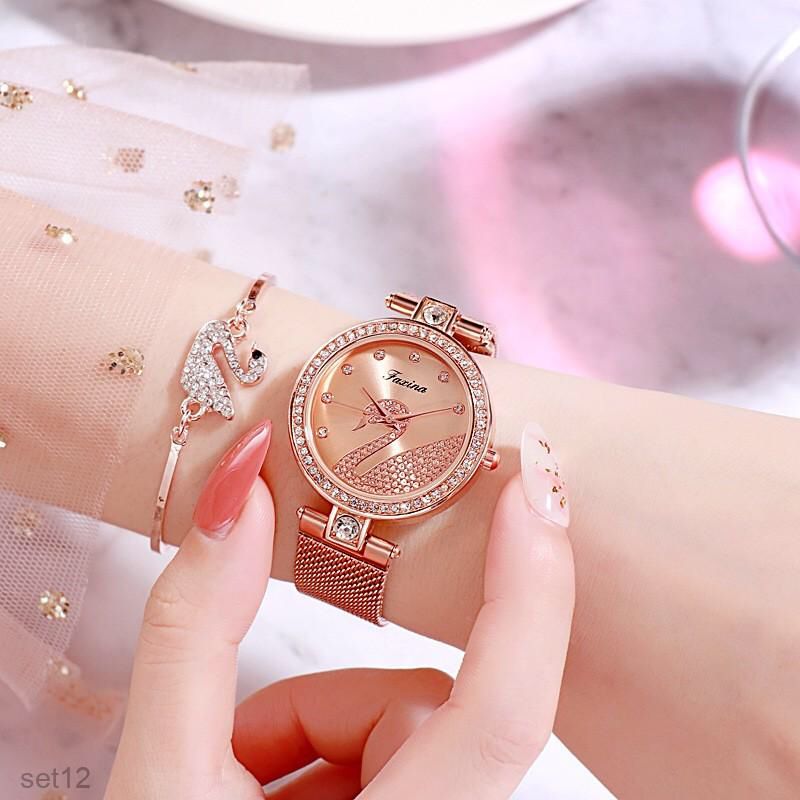 Swan ladies watch set 5 pcs with beautiful box - Tuzzut.com Qatar Online Shopping