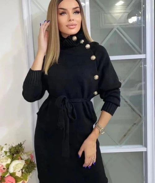 Black Knitted Midi Dress With Side Buttons 50908 - TUZZUT Qatar Online Shopping