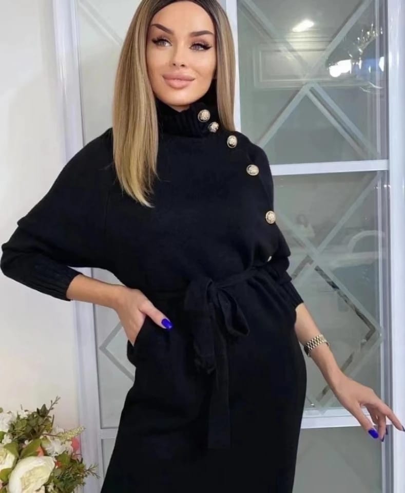 Vintage Winter Black Knitted Dress Ladies L 28020 Vintage Winter Black Knitted Dress Ladies L 28020