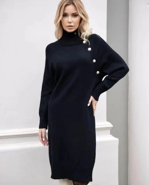 Black Knitted Midi Dress With Side Buttons 50908 - TUZZUT Qatar Online Shopping