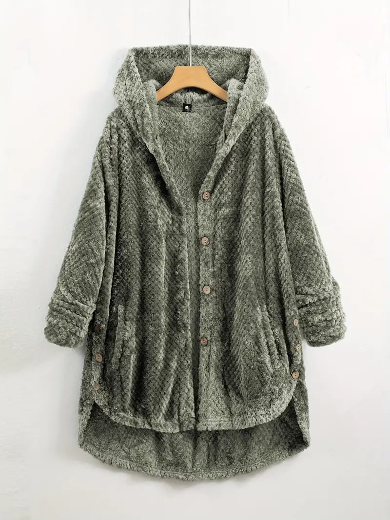Plus Flannel Single Breasted High Low Hem Hooded Coat B-41380 Plus Flannel Single Breasted High Low Hem Hooded Coat B-41380