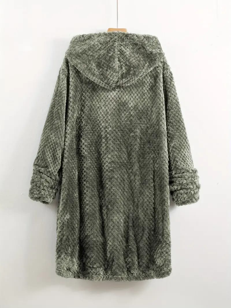 Plus Flannel Single Breasted High Low Hem Hooded Coat B-41380 Plus Flannel Single Breasted High Low Hem Hooded Coat B-41380