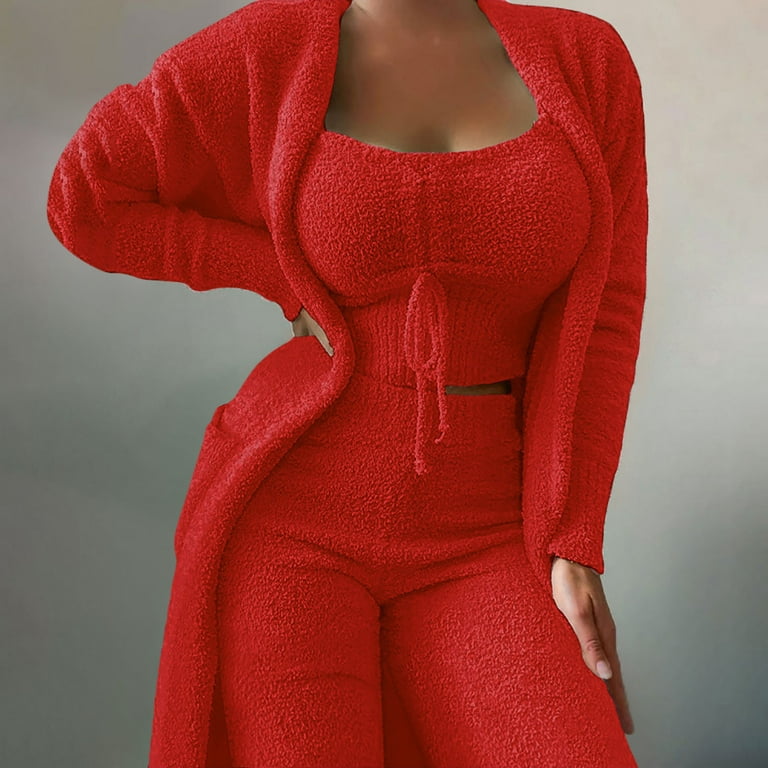 New Autumn Winter Women'S Velvet Pajamas Set Crop Top+Long Pants+Coat 3 Pieces 30495 - Tuzzut.com Qatar Online Shopping