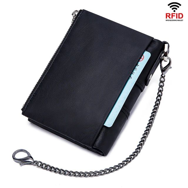 Men Short Wallets Genuine Leather Rfid Trifold Coin Purse Casual Hasp Zipper Chain Card Holder For Male - Tuzzut.com Qatar Online Shopping