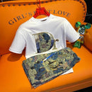 Short Sleeved T-Shirt Gold Print Fashion Two Piece Set TS36 - Tuzzut.com Qatar Online Shopping