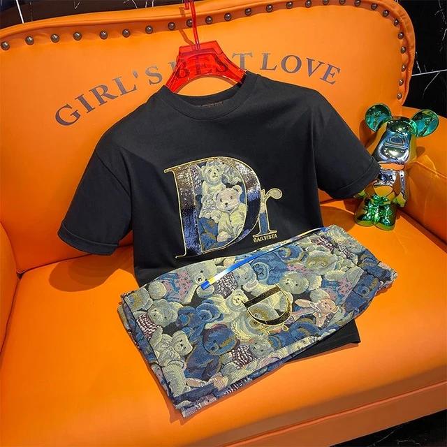 Short Sleeved T-Shirt Gold Print Fashion Two Piece Set TS36 Short Sleeved T-Shirt Gold Print Fashion Two Piece Set TS36