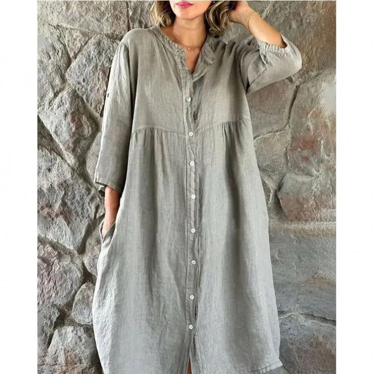 Womens Fashion Vintage Linen Shirt Dress B-73315 Womens Fashion Vintage Linen Shirt Dress B-73315