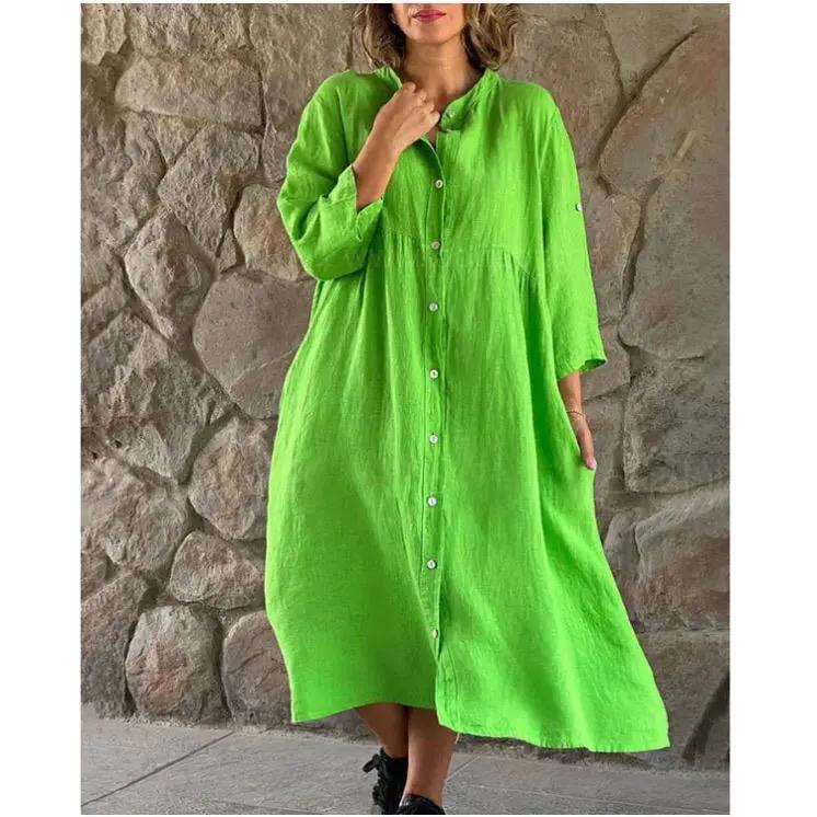 Womens Fashion Vintage Linen Shirt Dress B-73315 - Tuzzut.com Qatar Online Shopping