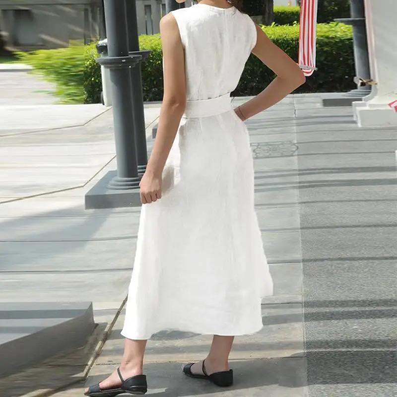 Women's Summer V-Neck Waist Belt Cotton Dress B-50784 - Tuzzut.com Qatar Online Shopping