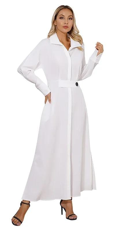 Lapel Deep V-Neck Shirt Dress Waist Tight High-Waist Pockets Long Sleeve Solid Color Maxi Dress Workwear XL B-53120 - Tuzzut.com Qatar Online Shopping