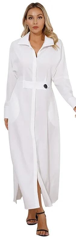 Lapel Deep V-Neck Shirt Dress Waist Tight High-Waist Pockets Long Sleeve Solid Color Maxi Dress Workwear XL B-53120 - Tuzzut.com Qatar Online Shopping