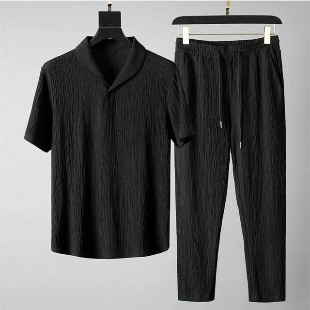 2Pcs/Set Summer Outfits Men's Sets Pure Color Short Sleeve Shirts Pants TS313 - Tuzzut.com Qatar Online Shopping