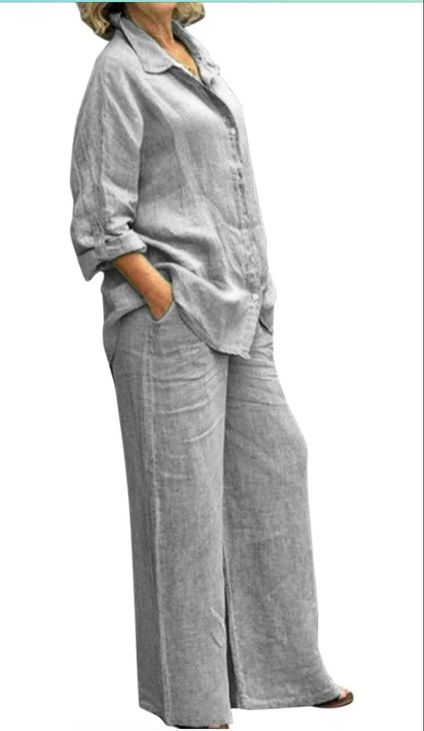 Women Autumn Cotton Lapel Shirt Two Piece 0027930 - TUZZUT Qatar Online Shopping