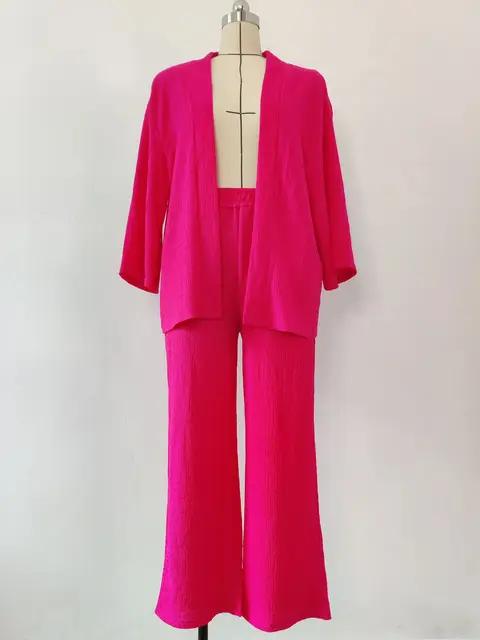 Solid Color Cotton Linen Loose Casual 2 Pcs Cardigan Top And Pants Set TS42 - Tuzzut.com Qatar Online Shopping