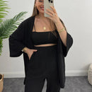 Solid Color Cotton Linen Loose Casual 2 Pcs Cardigan Top And Pants Set TS42 - Tuzzut.com Qatar Online Shopping