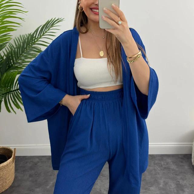 Solid Color Cotton Linen Loose Casual 2 Pcs Cardigan Top And Pants Set TS42 Solid Color Cotton Linen Loose Casual 2 Pcs Cardigan Top And Pants Set TS42