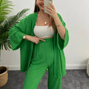 Solid Color Cotton Linen Loose Casual 2 Pcs Cardigan Top And Pants Set TS42 - Tuzzut.com Qatar Online Shopping