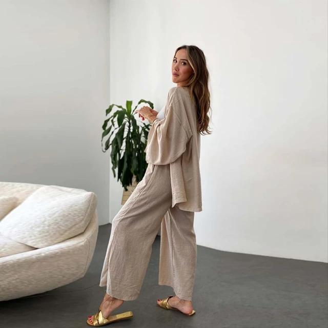 Solid Color Cotton Linen Loose Casual 2 Pcs Cardigan Top And Pants Set TS42 Solid Color Cotton Linen Loose Casual 2 Pcs Cardigan Top And Pants Set TS42
