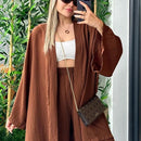 Solid Color Cotton Linen Loose Casual 2 Pcs Cardigan Top And Pants Set TS42 - Tuzzut.com Qatar Online Shopping