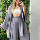 Solid Color Cotton Linen Loose Casual 2 Pcs Cardigan Top And Pants Set TS42 - Tuzzut.com Qatar Online Shopping