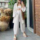 Solid Color Cotton Linen Loose Casual 2 Pcs Cardigan Top And Pants Set TS42 - Tuzzut.com Qatar Online Shopping
