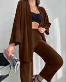Solid Color Cotton Linen Loose Casual 2 Pcs Cardigan Top And Pants Set TS42 - Tuzzut.com Qatar Online Shopping