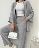 Solid Color Cotton Linen Loose Casual 2 Pcs Cardigan Top And Pants Set TS42 - Tuzzut.com Qatar Online Shopping