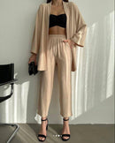 Solid Color Cotton Linen Loose Casual 2 Pcs Cardigan Top And Pants Set TS42 - Tuzzut.com Qatar Online Shopping
