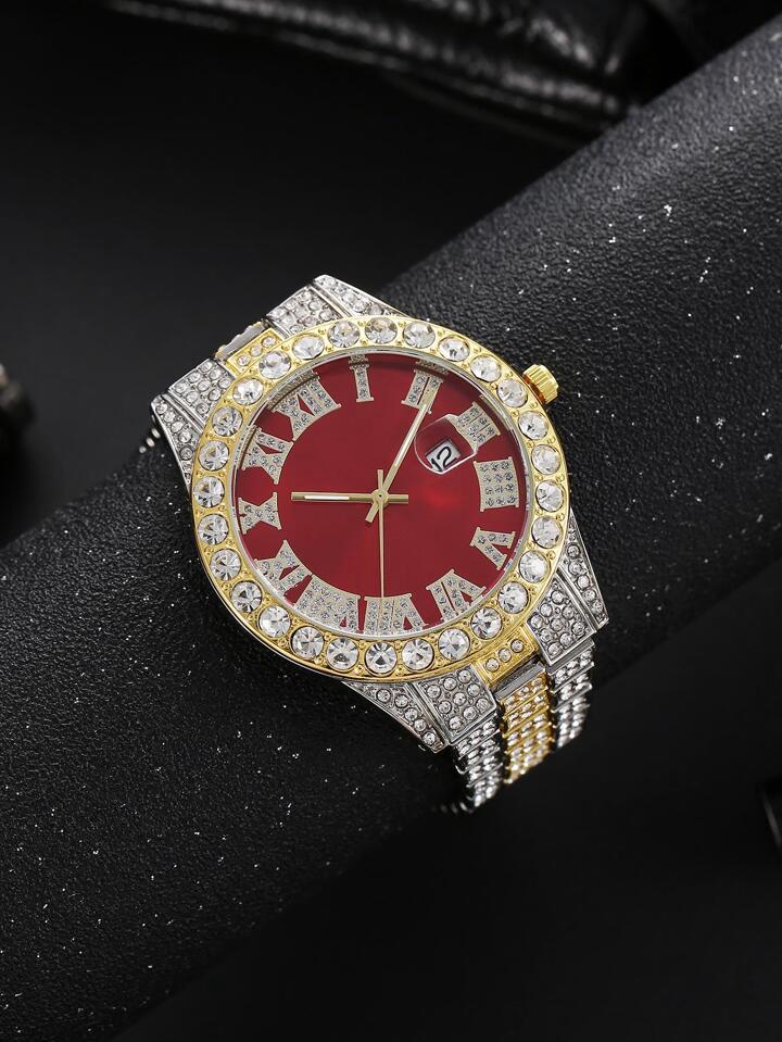 Men's Fashion Diamond Stainless Calendar & Clock Auto Quartz Male Watch - Tuzzut.com Qatar Online Shopping