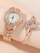 Women Watch Jewelry 5 Pcs Set - Watch Necklace Bracelet Earrings Ring - H128 - Tuzzut.com Qatar Online Shopping