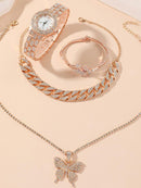 Women Watch Jewelry 5 Pcs Set - Watch Necklace Bracelet Earrings Ring - H128 - Tuzzut.com Qatar Online Shopping