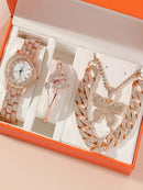 Women Watch Jewelry 5 Pcs Set - Watch Necklace Bracelet Earrings Ring - H128 - Tuzzut.com Qatar Online Shopping
