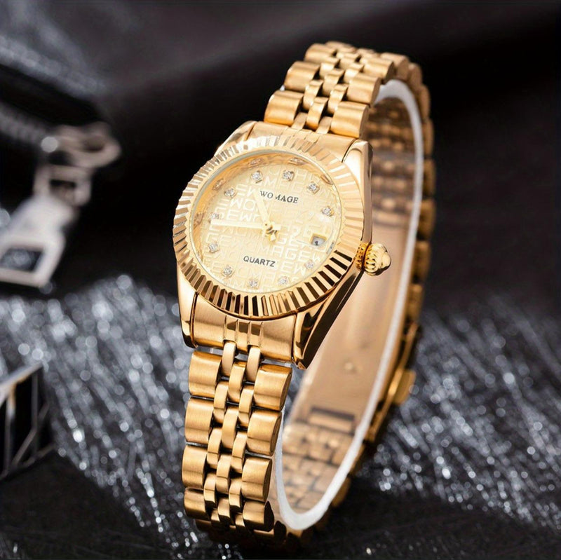 Business Style Golden Steel Band Quartz Watch With Calendar - Tuzzut.com Qatar Online Shopping